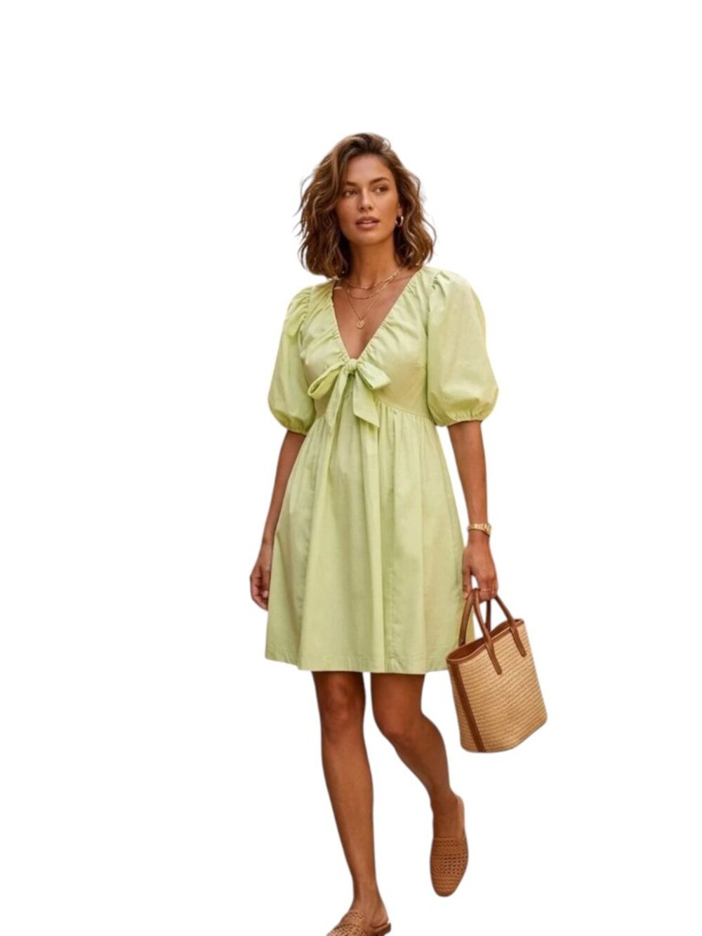 Abercrombie and Fitch Light Green Puff Sleeve Tie Neck Mini Dress